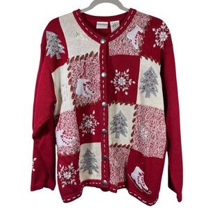 Vtg Bobbie Brooks Red White Ugly Snowflakes Christmas Sweater Cardigan Size L